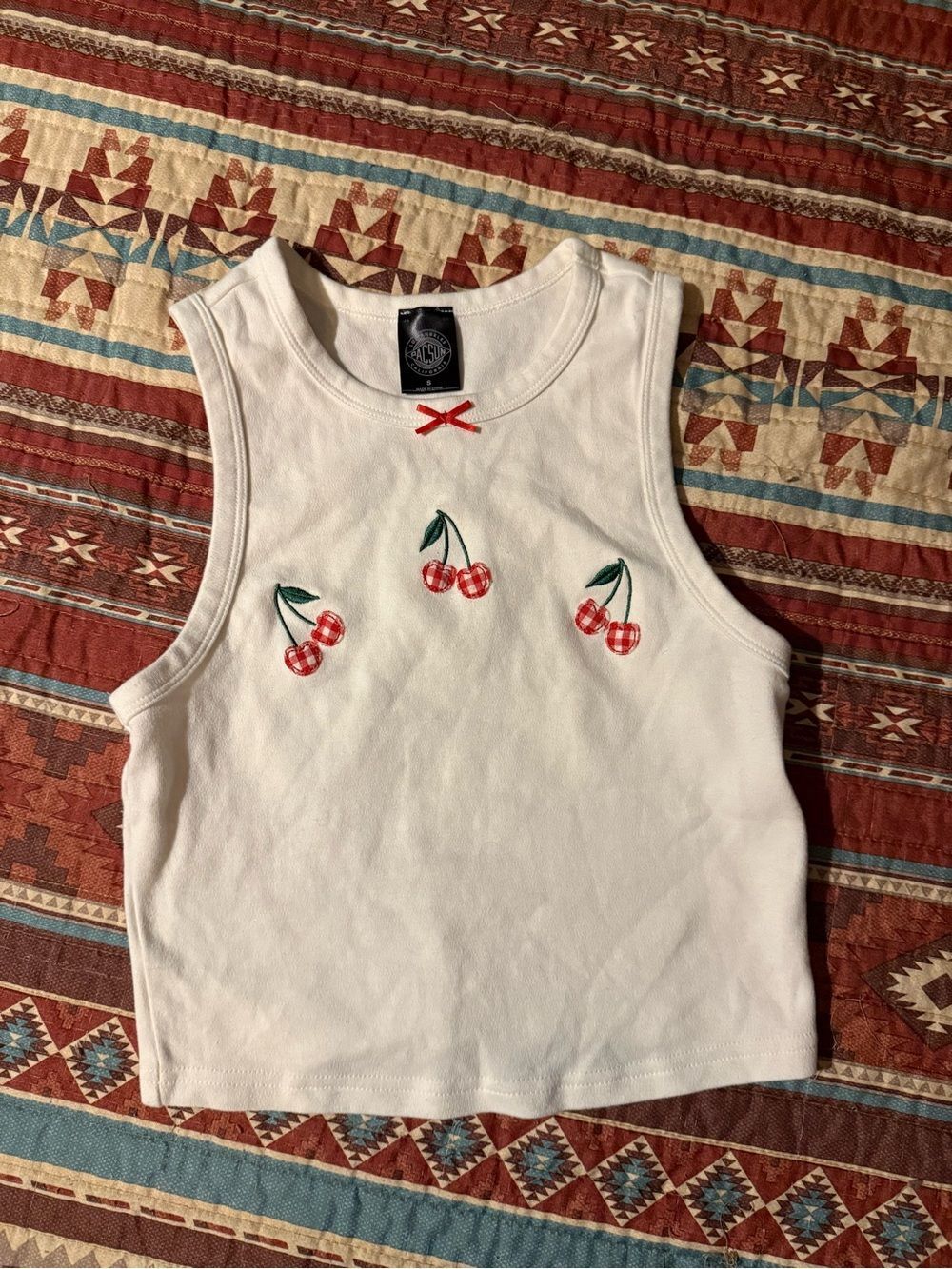 Pacsun White Cropped Cherry Embroidered Tank Top size small